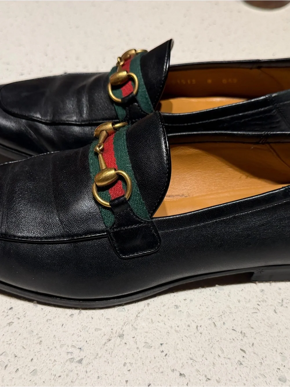 Gucci Black Leather Loafers with Green and Red Web and Gold Horsebit